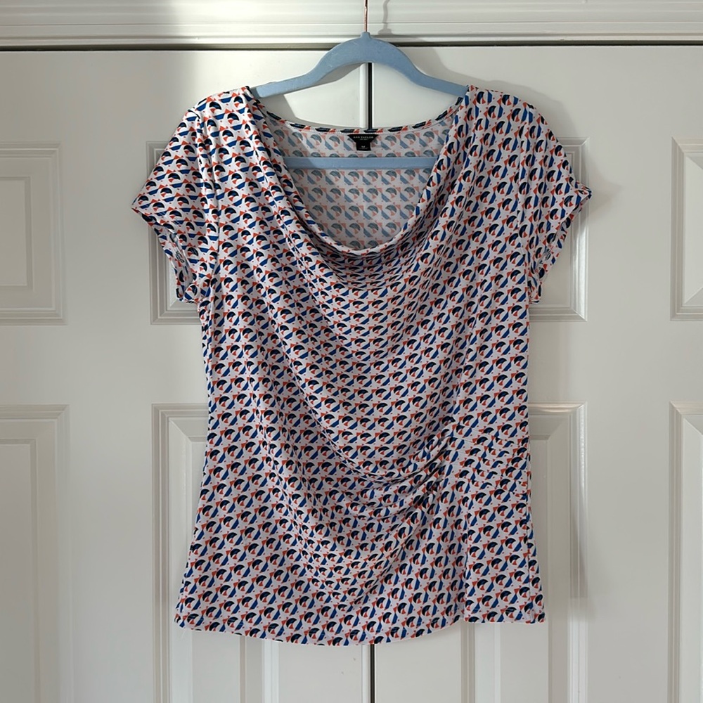 Ann Taylor Top with Blue, Orange & Black Geometric design